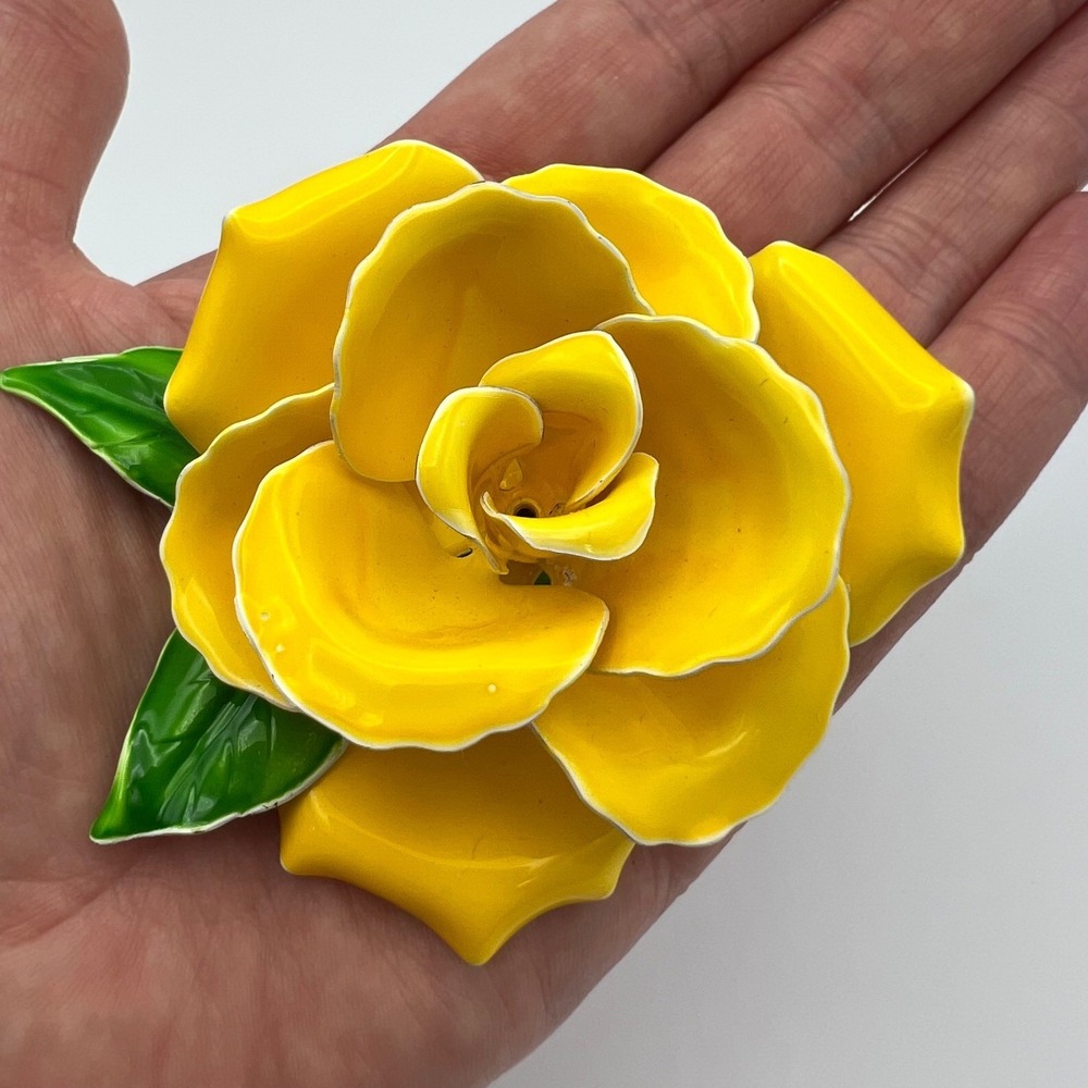 Vintage Yellow Enamel Rose Brooch Large Floral Pin Mid Century 3 Inch Friendship